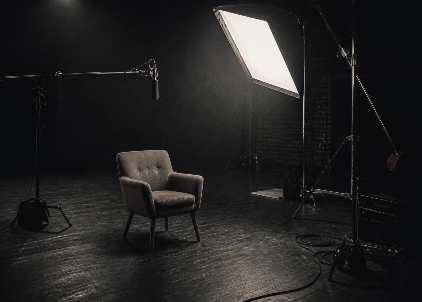 Documentary interview set with a single chair and softbox lighting