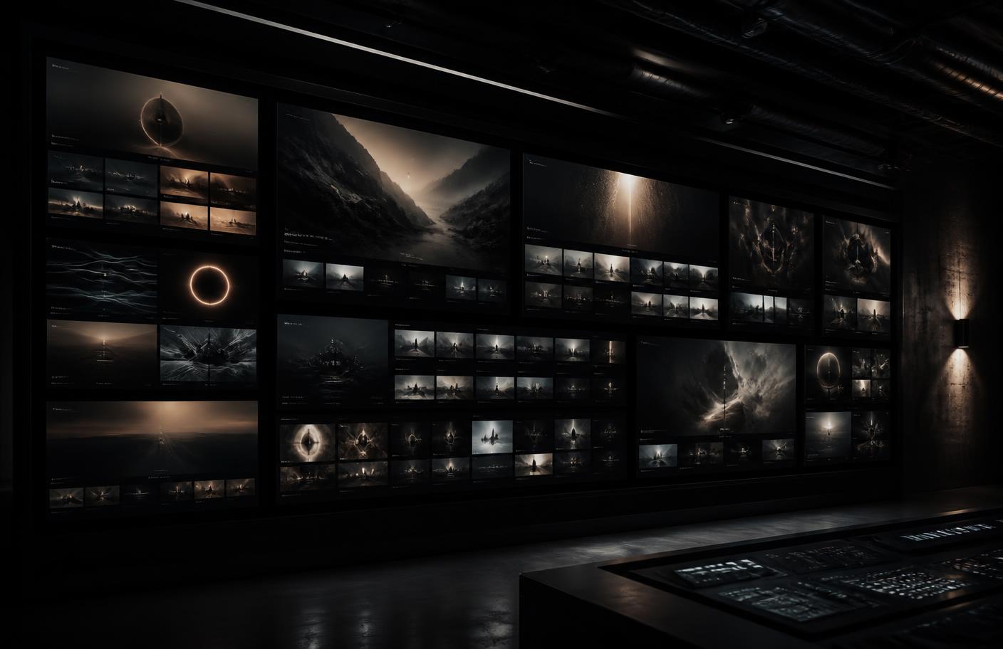 Wall of screens in a dim media control room
